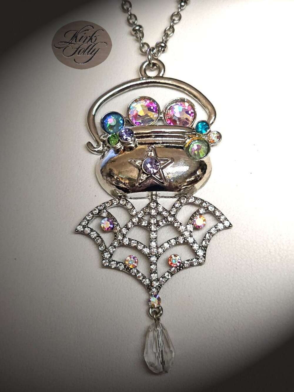 Kirks Folly Witches Brew Cauldron Necklace silvertone Halloween